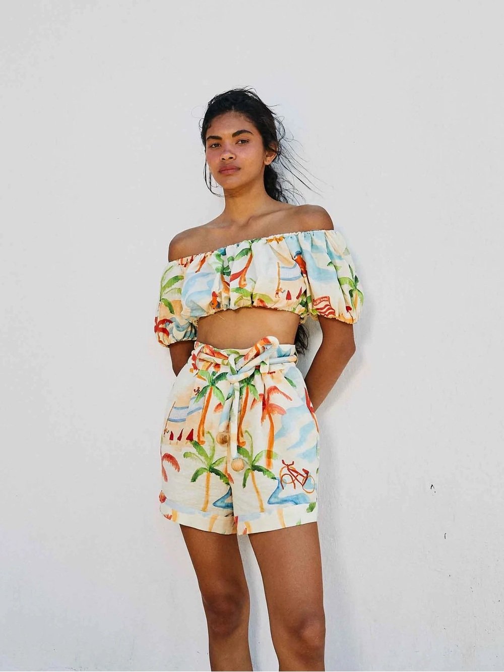 FARM Rio Off-Shoulder Tropical Crop Top - Cream Multi